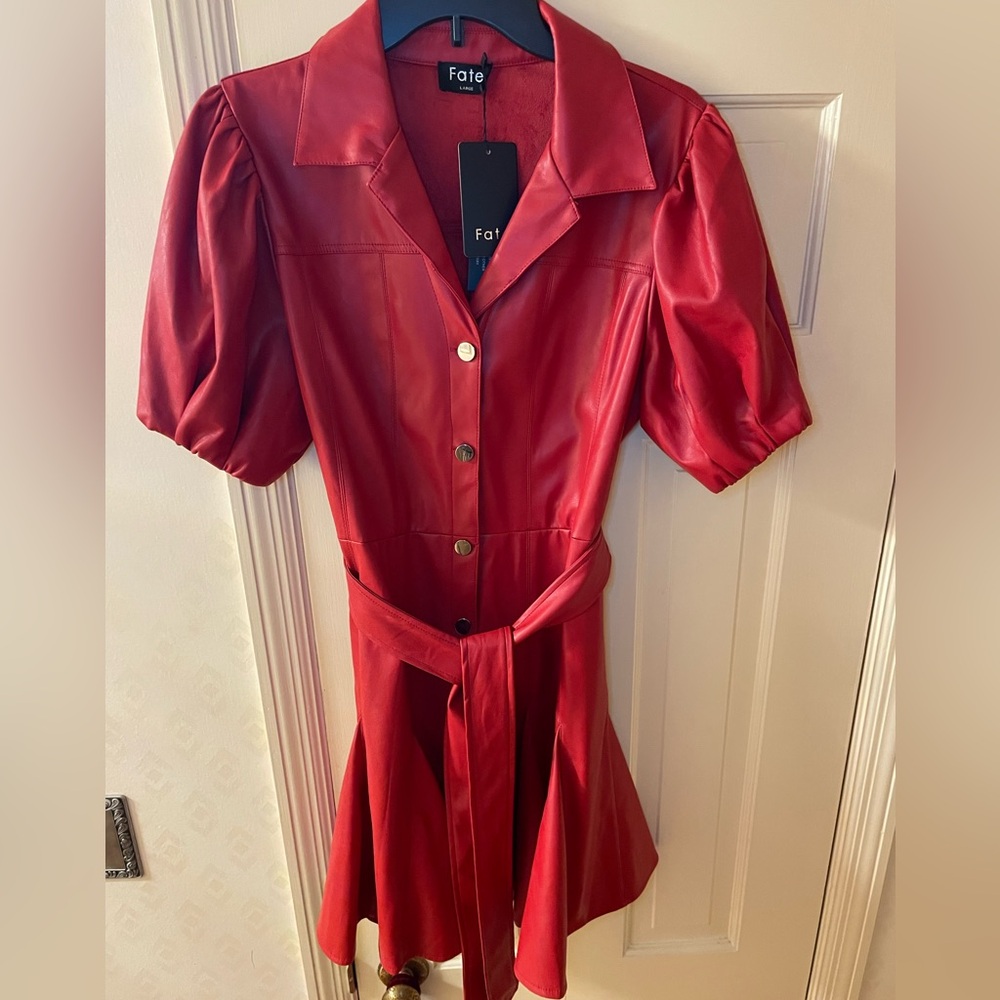 🆕♥️Fate Red Fax Leather Fabric Midi Dress♥️